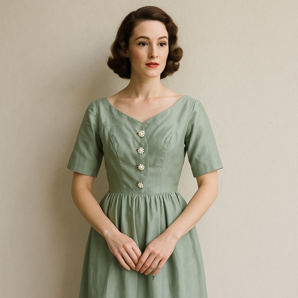 VINTAGE 1950s Josie Shield Mint Green‎ Shantung Fit & Flare Dress Midcentury S